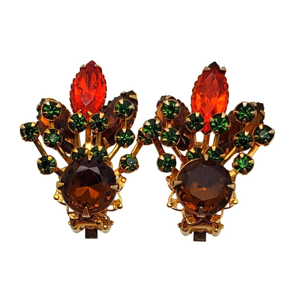 Autumn Rhinestone Clip Earrings Orange Green Topaz Floral Spray Harvest Fall Vtg - Picture 8 of 8